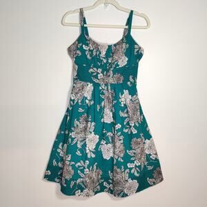 Dressbarn Teal Floral Sundress Bow Back Cotton Poplin Size 8 Cottagecore